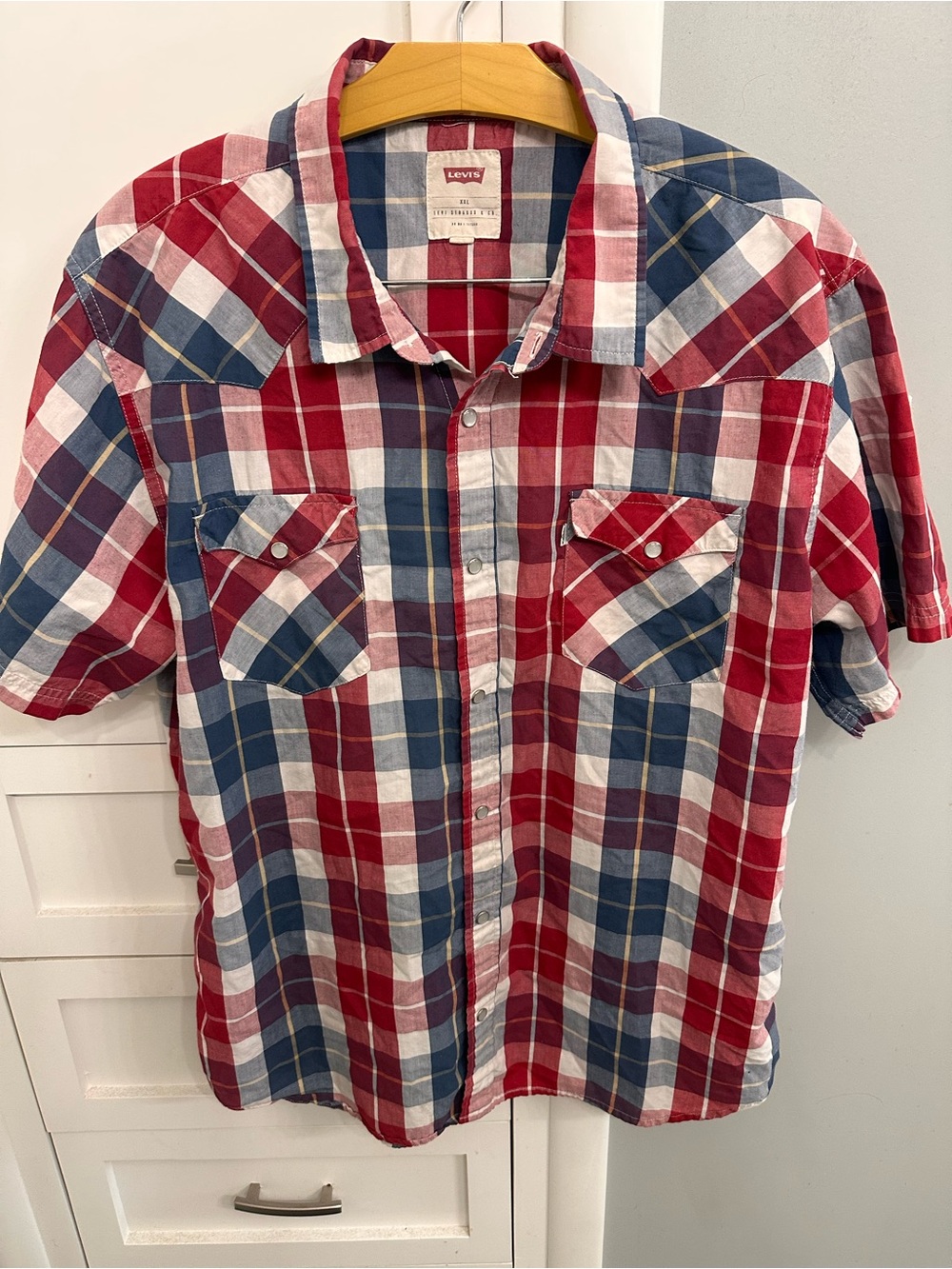 Levis Red Blue Plaid Double Pocket Short Sleeve Pearl Snap Shirt Mens Sz XXL 2XL